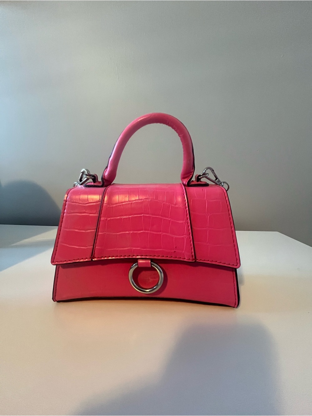 Pink Croc-Embossed Top-Handle Bag
